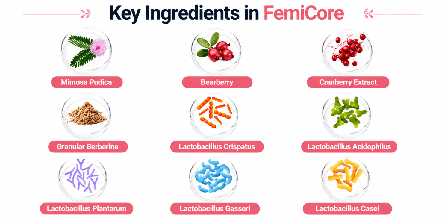 Key natural ingredients inside FemiCore probiotic and herbal bladder support formula