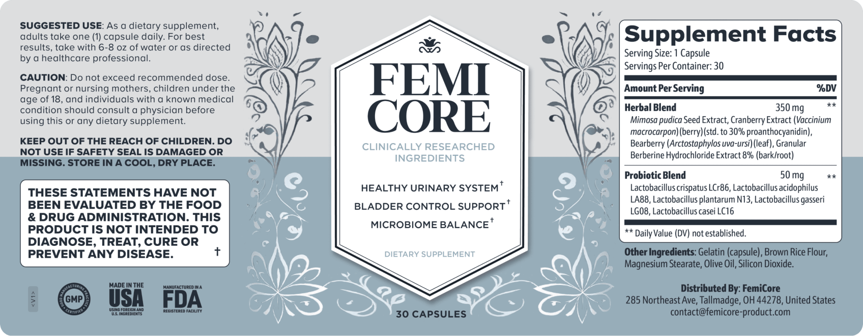 FemiCore official label supplement bottle for bladder control and urinary comfort