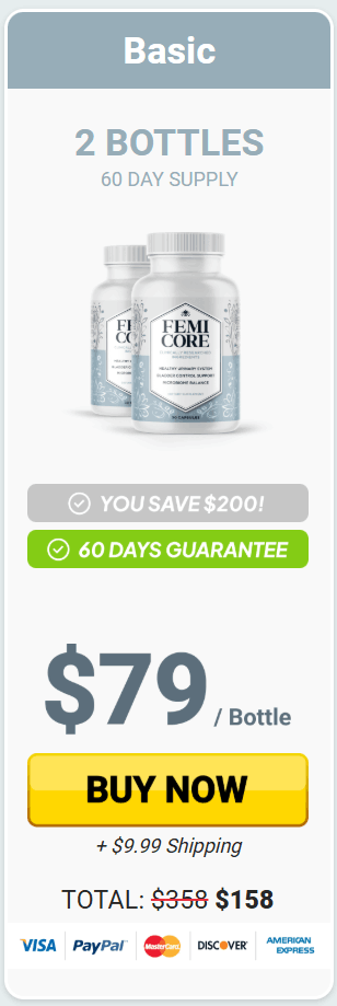FemiCore 2 bottle package for 60-day bladder support supply with 60-day money-back guarantee and savings offer