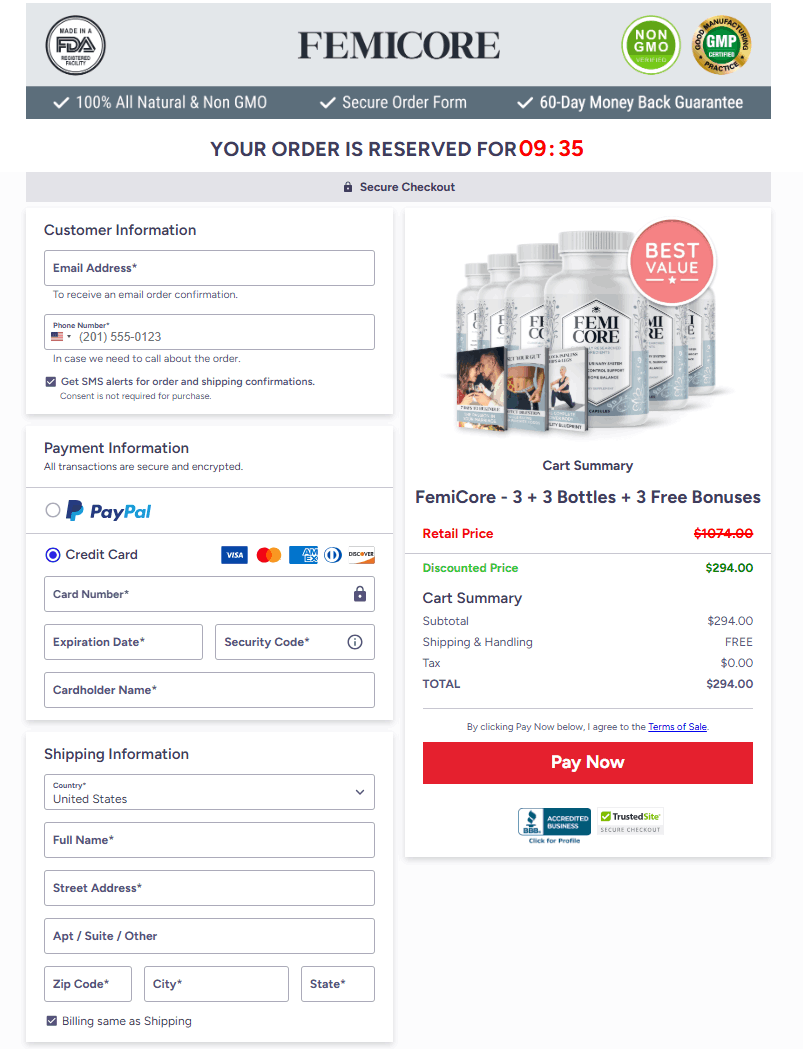 Secure checkout page for official FemiCore bladder support supplement purchase